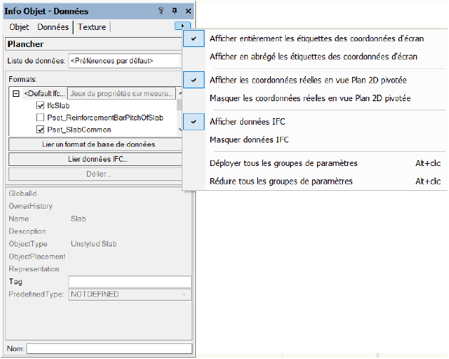 Menu de la palette Info Objet